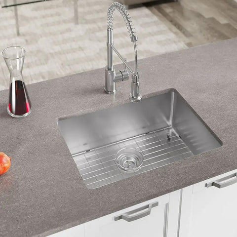 Undermount 26 Inch Single Bowl Stainless Steel Kitchen Sink With 18 Gauge 304 Grade Steel Noise Dampening Pads Three Quarter Inch Radius Corners Built Tough For Everyday Kitchen Use with grid and faucet