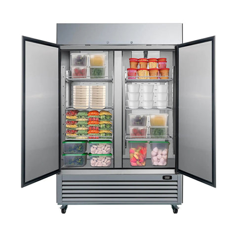 Shop Ready Commercial Freezer Upright Refrigerator With No Frost Hassle 49 Cubic Foot Stainless Steel Reach In Cabinet For Restaurant And Bar Operations, interior filled with food containers.