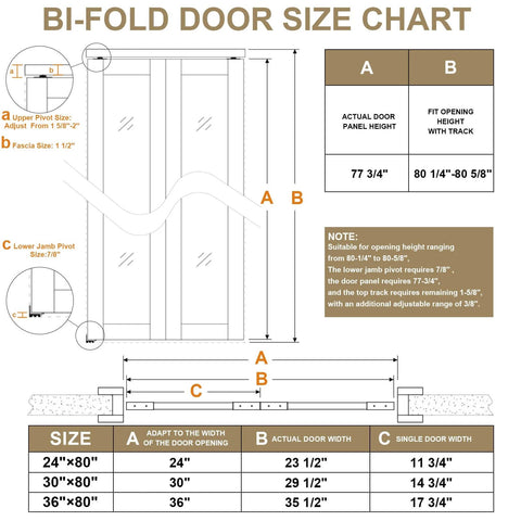 Bi-fold door size chart showing dimensions and details for 36x80 3 Lite Frosted Glass Bifold Closet Door Set with Hardware Kit.