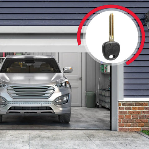 Garage with car and inset of Uncut Plastic Head Car Key Blank Blade for Hyundai and Kia Models Fits Elantra Sonata Santa Fe Tucson Genesis
