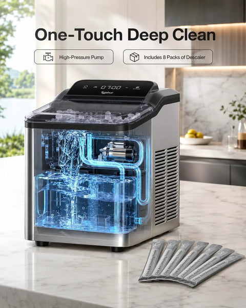 Top Rated Countertop Nugget Ice Maker With One Touch Deep Cleaning And Sleek Arctic Silver Trim Designed To Quickly Whip Up Soft Chewable Pebble Ice That Chills Your Daily Drinks Lightning Fast showing high-pressure pump and descaler packs.