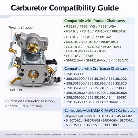 Carburetor Compatibility Guide with diagram, features, and chainsaw models list for Carburetor Rebuild Kit For Poulan Pro Chainsaws And Craftsman 35cc 42cc Models Easy Install Complete Kit With Gaskets Fuel Line Filter Primer Bulb Spark Plug Adjustment Tool Walbro WT Compatible.