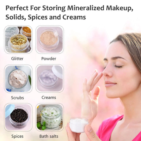 Woman enjoying skincare with 10 Piece Clear Acrylic Makeup Travel Jars With Lids In 0.11 Oz 0.18 Oz 0.35 Oz 0.53 Oz And 0.7 Oz Sizes Plus 5 Mini Spatulas For On The Go Storage And Gift Random Color Set visible with glitter, powder, scrubs, creams, spices, bath salts examples.