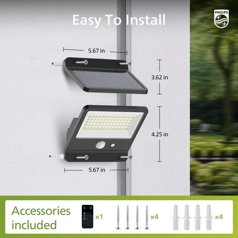 Dope Solar Flood Light With Motion Sensor For Outdoors 6500K Daylight 800 Lumens mounted on wall with included accessories