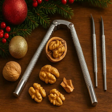 Beefy All Metal Nutcracker Tool For Cracking Nuts Lobster Claws Crabs And Tough Shells with walnuts on wooden surface