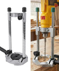 Adjustable Handheld Drill Stand With 45 Degree Angle Drill Press Adapter for DIY projects setup in a carpenter's workshop.