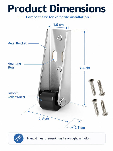 Premium Heavy Duty Vertical Track Rollers For Silky Smooth Sliding Barn Doors And Cabinets Featuring Rock Solid No Jitter Guide System Supporting Up To 110 Pounds In Matte Black dimensions with metal bracket and roller wheel.
