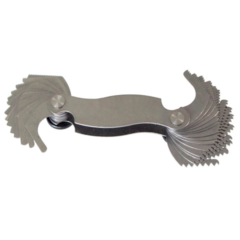 Screw pitch gauge, 28-leaf metric thread gauge, 0.25–2.50 mm pitch, stainless steel measuring tool