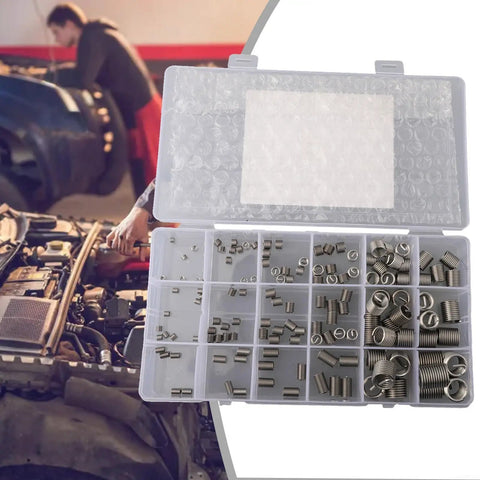 140 Piece Metric Thread Repair Kit M3 To M12 Stainless Steel Helicoil Set with plastic case and car engine backdrop