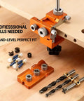 Heavy Duty Double Hole Drill Positioner Kit Featuring Adjustable Woodworking Guide Jig for cabinet making, showing aluminum parts and drill bits.