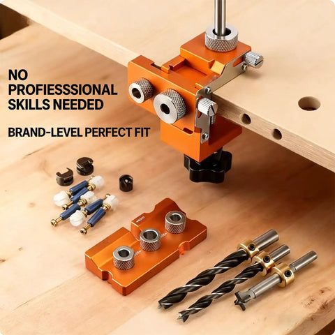 Heavy Duty Double Hole Drill Positioner Kit Featuring Adjustable Woodworking Guide Jig for cabinet making, showing aluminum parts and drill bits.