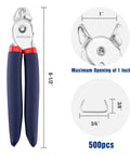 Pro Grade Hog Ring Pliers With 500 Pcs 3/4 Inch Galvanized Hog Rings, showing dimensions and max opening; used for upholstery.