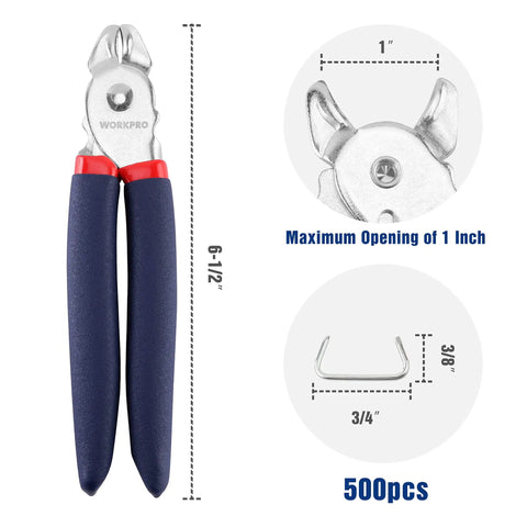 Pro Grade Hog Ring Pliers With 500 Pcs 3/4 Inch Galvanized Hog Rings, showing dimensions and max opening; used for upholstery.