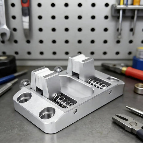 Khbyt Heavy Duty Aluminum Welding Clamp With 4 Strong Magnets And Temp Resistant Jaw on a workbench for secure soldering tasks.