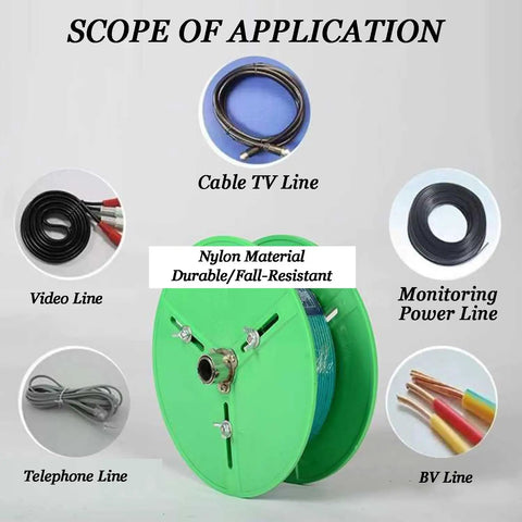 Heavy Duty Wire Spool Rack with cables for TV, monitoring, video, phone, BV lines; nylon material, industrial use.