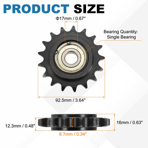 Beefy 50 Roller Chain Idler Sprocket Type C with 17mm Bore, Black Oxide, 17 Teeth, Side and Front View with Dimensions