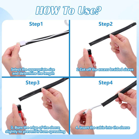 How to use Three Piece Braided Cable Sleeving Kit Black Flame Retardant Nylon Wire Looms 1/4 Inch 3/8 Inch 1/2 Inch