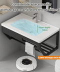 Wall Mounted Bathroom Sink with hot and cold water taps, 12cm deep basin, ceramic finish, suitable for small spaces like bathrooms and kitchens.