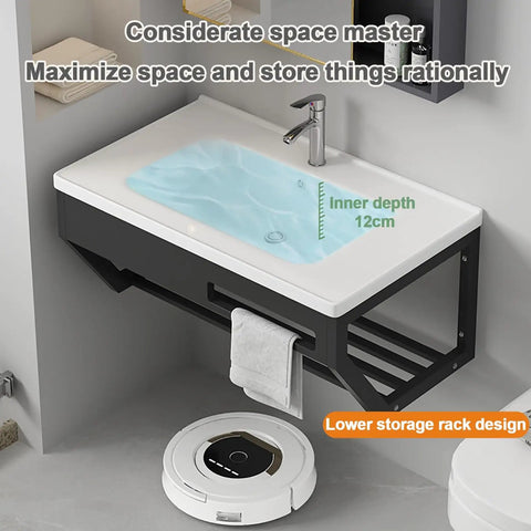 Wall Mounted Bathroom Sink with hot and cold water taps, 12cm deep basin, ceramic finish, suitable for small spaces like bathrooms and kitchens.