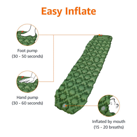 Inflation options for Lightweight Camping Sleeping Pad With Built In Foot Pump No Fuss Quick Inflate Insta Pump Tech
