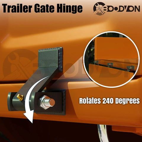 Heavy Duty Dump Trailer Gate Hinges With Grease Zerk, Weldable Trailer Door Hinge featuring 240 degree rotation on orange trailer.