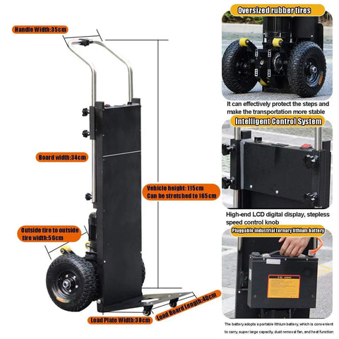 Heavy Duty Electric Stair Climbing Hand Truck With Brushless Motor And Stepless Speed Control For Moving Furniture Up Or Down Stairs Effortlessly Featuring High Capacity Battery Display And 150 To 400 Kg Lifting Power For Pros Who Need Real Muscle On The, showing dimensions and features of the stair climbing cart.