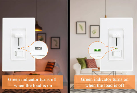 Smooth Glide Wall Dimmer Switch With Glowing Green Indicator shown off and on, demonstrating its slide control functionality.