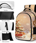 Christmas Snowman Sleigh Printed Backpack with handle, shoulder strap, double zipper, and side pockets visible