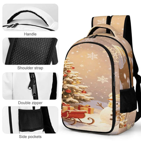 Christmas Snowman Sleigh Printed Backpack with handle, shoulder strap, double zipper, and side pockets visible