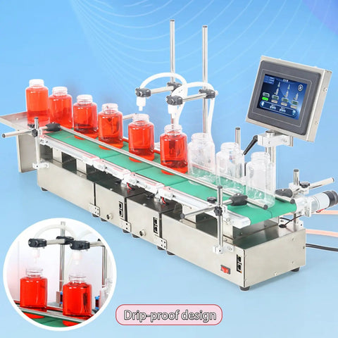 Ready To Roll Heavy Duty Automatic Liquid Filling Machine Double Head Bottle Dispenser For Beverage Alcohol And Oil Anti Drip Setup That Runs Like A Charm with bottles on conveyor.