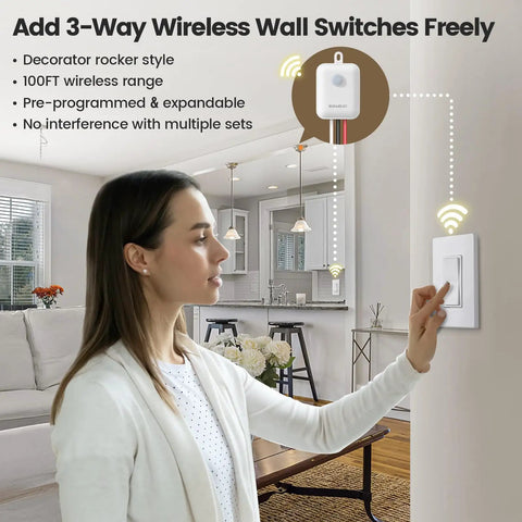 Woman using 3 Way Wireless Light Switch And Receiver Kit With Decorator Rocker Wall Switch, 15 Amp, 100 Ft Range in living room