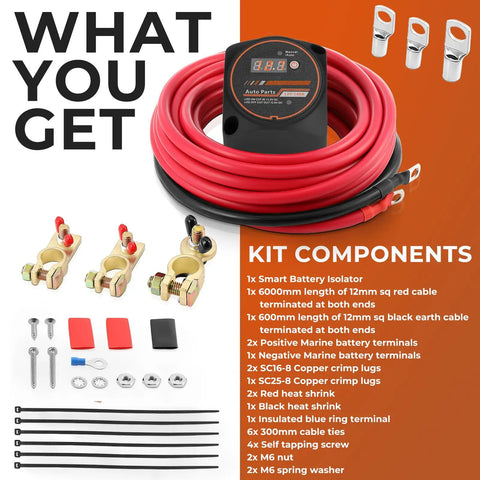Road Ready 12 Volt Automatic Dual Battery Isolator Kit With 140 Amp Voltage Sense Relay Vsr For RV Boat Truck components including cables and connectors.