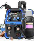 Front view of 3 In 1 MIG TIG Stick Welder 135A 110V Flux Core Gasless Portable Wire Feed Welder with auto-darkening helmet and accessories.