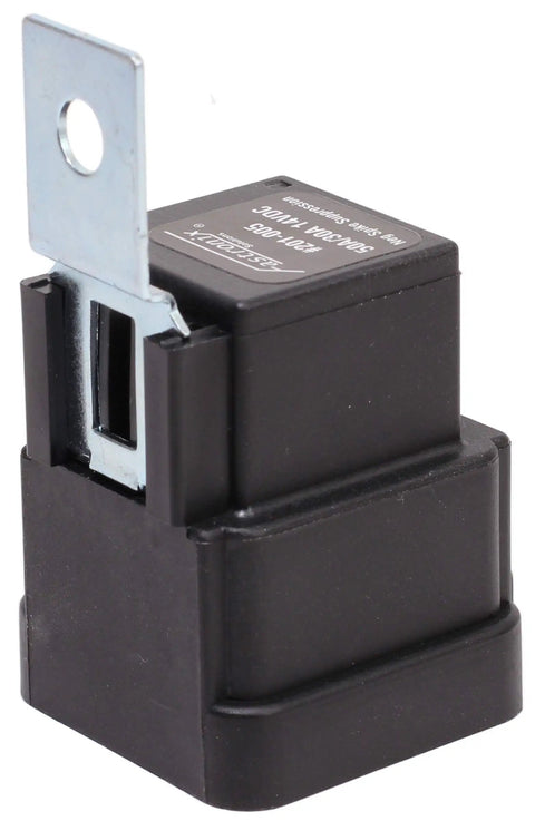 Close-up of Weatherproof Automotive Relay And Socket Kit for Off Road Lights, 50A NO and 30A NC, showing metal mounting bracket.