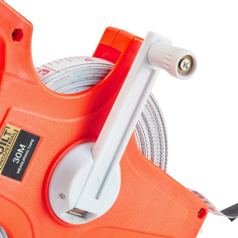Close-up of orange Retractable Open Reel Tape Measure 30 Meter Long Jump Track And Field Tool with white hand crank.