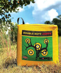 Beast Mode Archery Target Bag For 450 FPS Practice Cube Field Point Target with bullseyes on display in grassy outdoor setting.