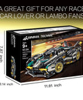 Technic Sports Car Building Kit 1:14 Scale Lambo V12 MOC Race Car Model Set boxed view with dimensions, 1012 pieces, ages 12 and up.