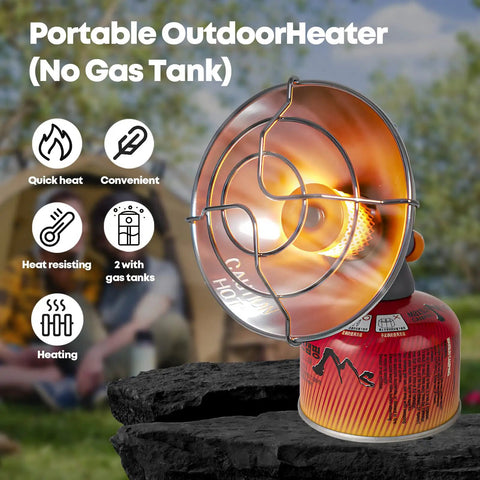 Dual Fuel Portable Heater For Camping With 1Lb Propane Or Iso Butane Canisters One Click Ignition And Self Ignition Safety Tip Over Protection Base Compact Outdoor Heater For Tents Ice Fishing Backpacking Survival Gear, shown in use outdoors on a table.
