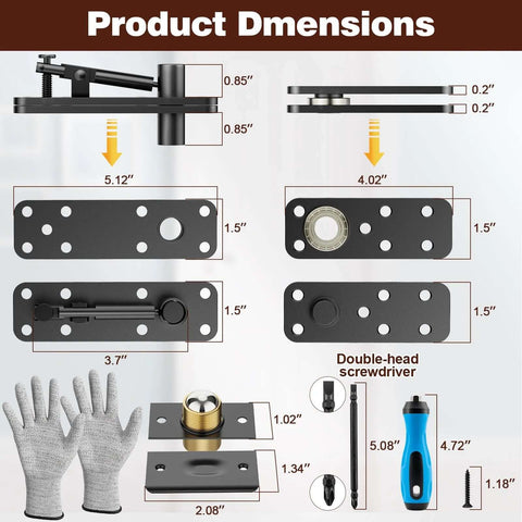 Hidden door hinge set in solid stainless steel; 570 lbs load, 360° rotation; front view with mounting plates.