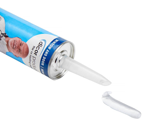 Haps Free Cap Sealant Clear For RV Windows And Doors Paintable Sealant tube showing nozzle and clear sealant sample