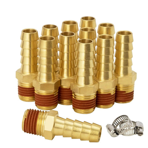 12 Pack Brass Air Hose Fittings Three Eighth Barb To One Quarter NPT Male Adapters With Sealant And 12 Clamps