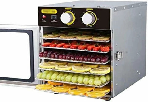 Straight Up Heavy Duty Stainless Steel Food Dehydrator Six Layer Trays For Crunchy Dried Fruit Savory Jerky And Seasoned Snacks With Easy Dial Timer loaded with colorful fruits on six trays.