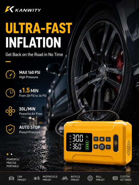 Heavy Duty Cordless Tire Inflator With 160 Psi Automatic Shutoff Digital Gauge And Bright Led Lamp For Trucks And Gear No Sweat 8000 Mah Portable Air Pump with digital display.