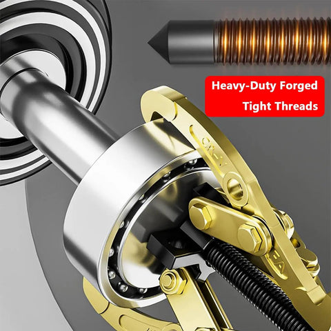 Close-up of Convertible Gear Puller Kit With 2 To 3 Jaw Bearing Separator, highlighting heavy-duty forged tight threads.