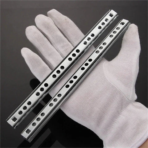 Two Pack 8 To 20 Inch Ball Bearing Drawer Slides For Cabinets And Furniture shown on gloved hand for scale.