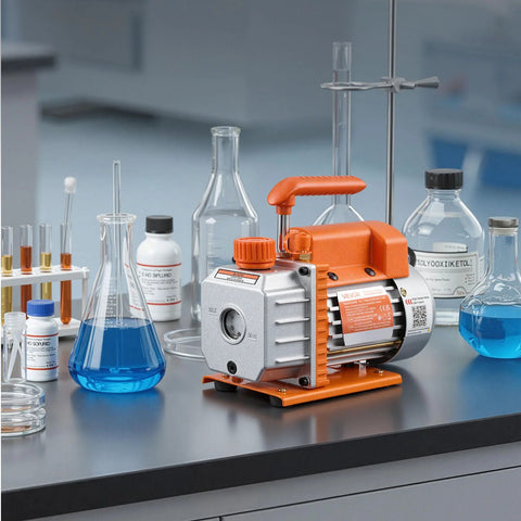 VEVOR 3-Gallon vacuum chamber with pump, orange and silver metal unit on lab bench beside glassware.