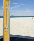Outdoor Shower Fixture Set In Brushed Nickel With 8 Inch Rainfall Head, 2 In 1 Handheld Spray, showing beach background.
