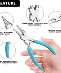 Close-up of 6 In 1 Jewelry Pliers Set For Beading And Wire Crafting 2 Piece Kit Bail Making Pliers held in hand, durable carbon steel.