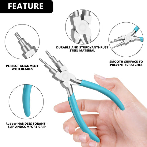 Close-up of 6 In 1 Jewelry Pliers Set For Beading And Wire Crafting 2 Piece Kit Bail Making Pliers held in hand, durable carbon steel.