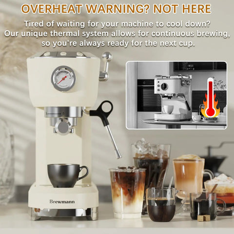 Home Barista Espresso Machine Generating Solid 20 Bar Pressure, Instant Heat Activation, Adjustable Steam Wand Crafting Hella Silky Latte Art, 42 Oz Tank, Cream with various coffee drinks.